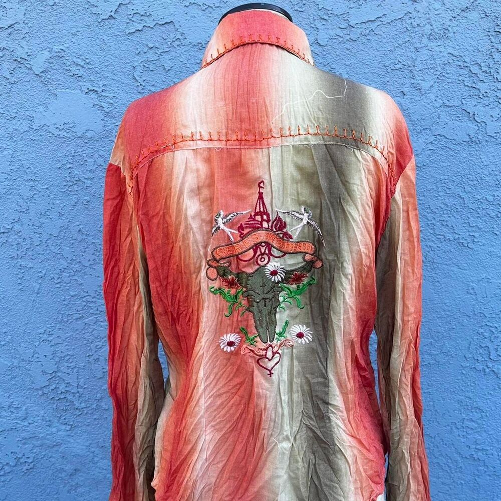 Y2k Embroidered Button Down in Small Cotton Western Blouse Cowgirl
